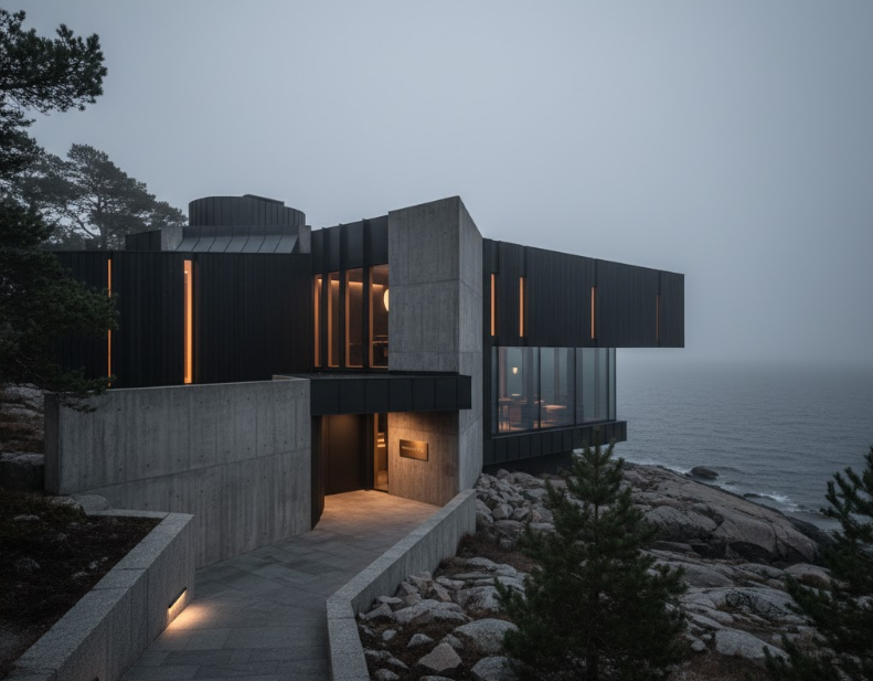 Maison Noire restaurang vid dagsljus, modern arkitektur vid havet