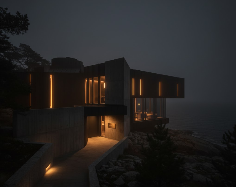 Maison Noire restaurang vid kvällsljus, upplyst mot mörk himmel